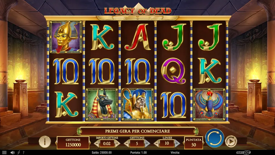 Legacy of Dead nella demo ufficiale: la griglia 5x3 con Faraone, Anubi, Falco di Horus e le lettere, puntata 1 euro